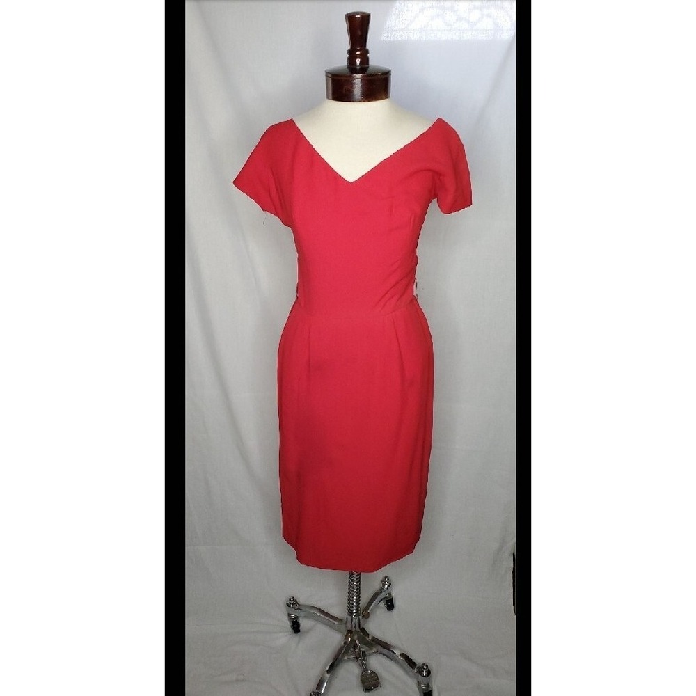 Vintage 1950s  Lipstick red dress with V-neck Draped Waist Shash Cocktail Dress